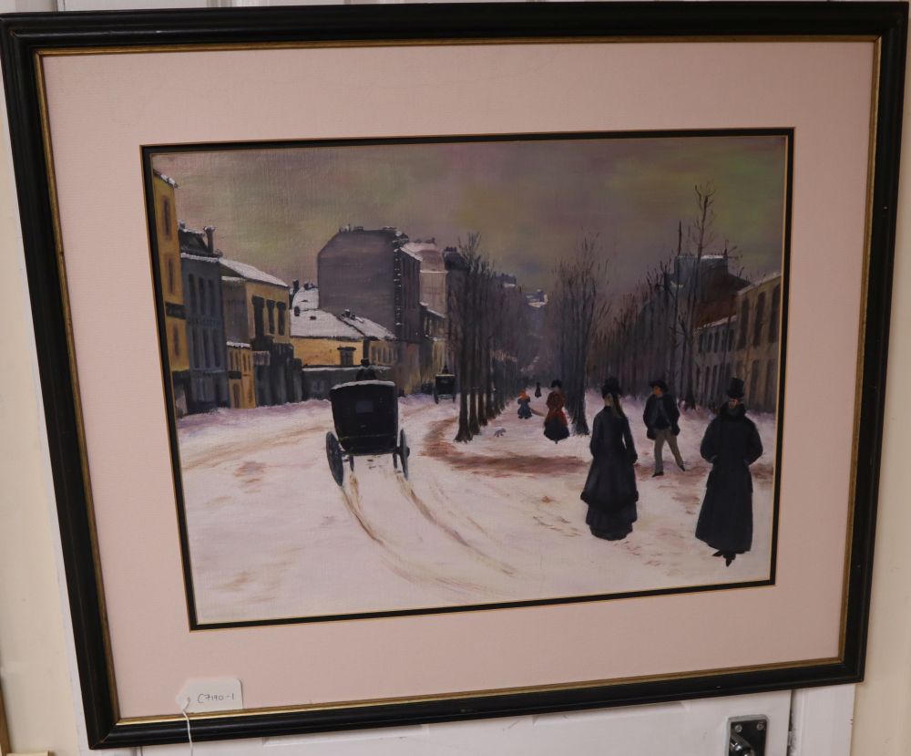 French School, oil on canvas board, Winter street scene, 39 x 50cm